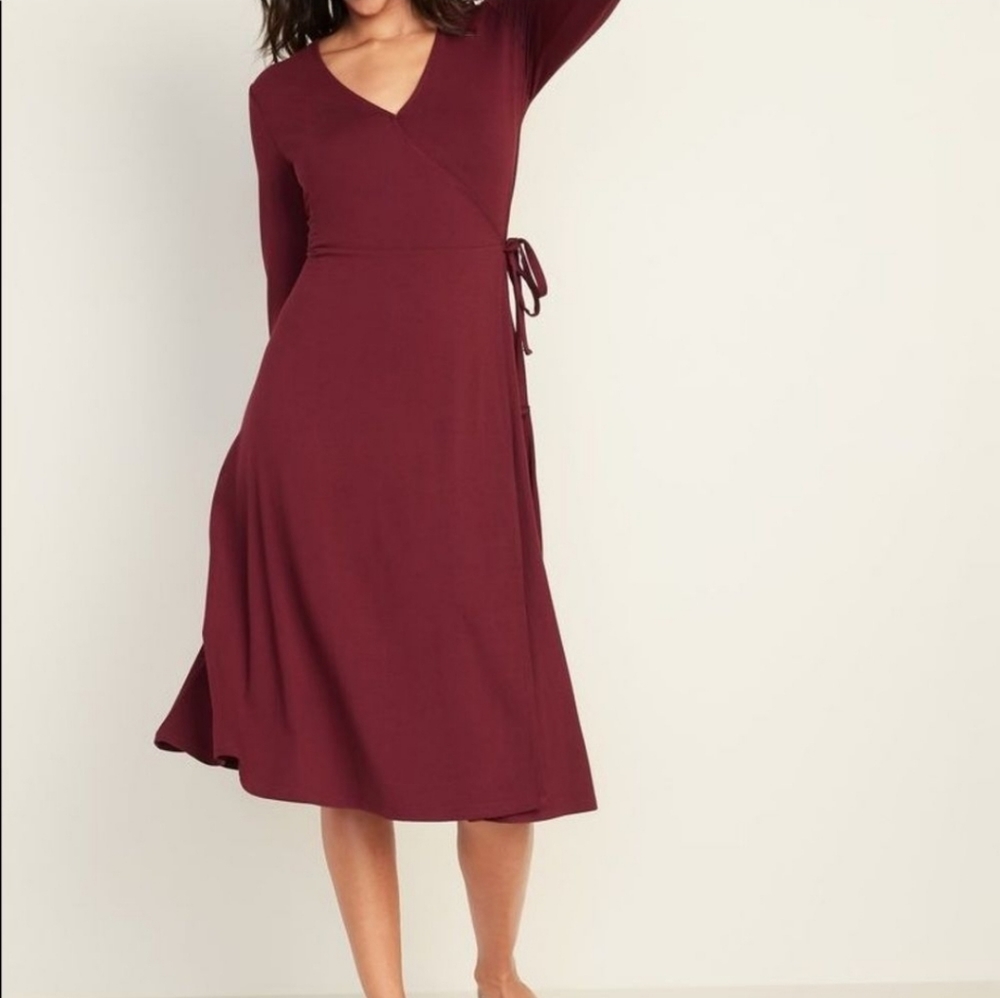 Burgundy Knit Sweater Dress, Faux Wrap